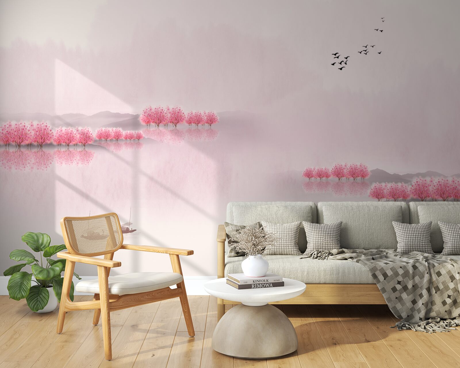 Fotobehang Rustige vijvers en roze bosranden