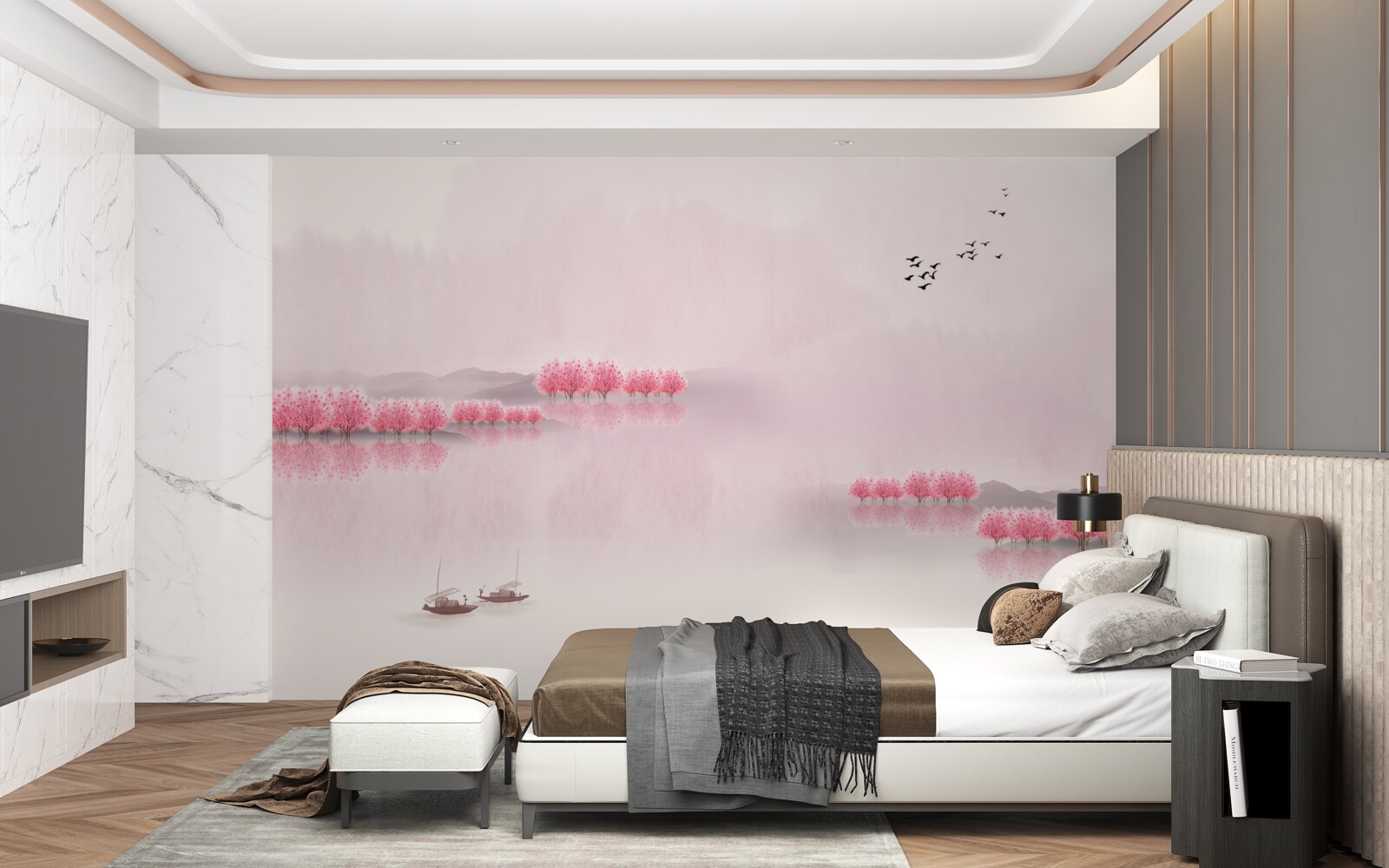 Fotobehang Rustige vijvers en roze bosranden