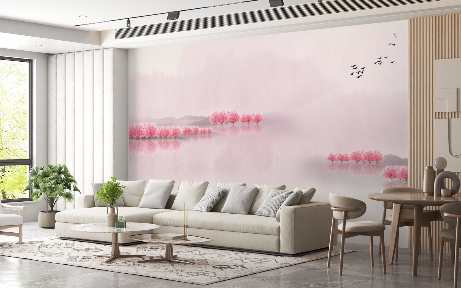 Fotobehang Rustige vijvers en roze bosranden