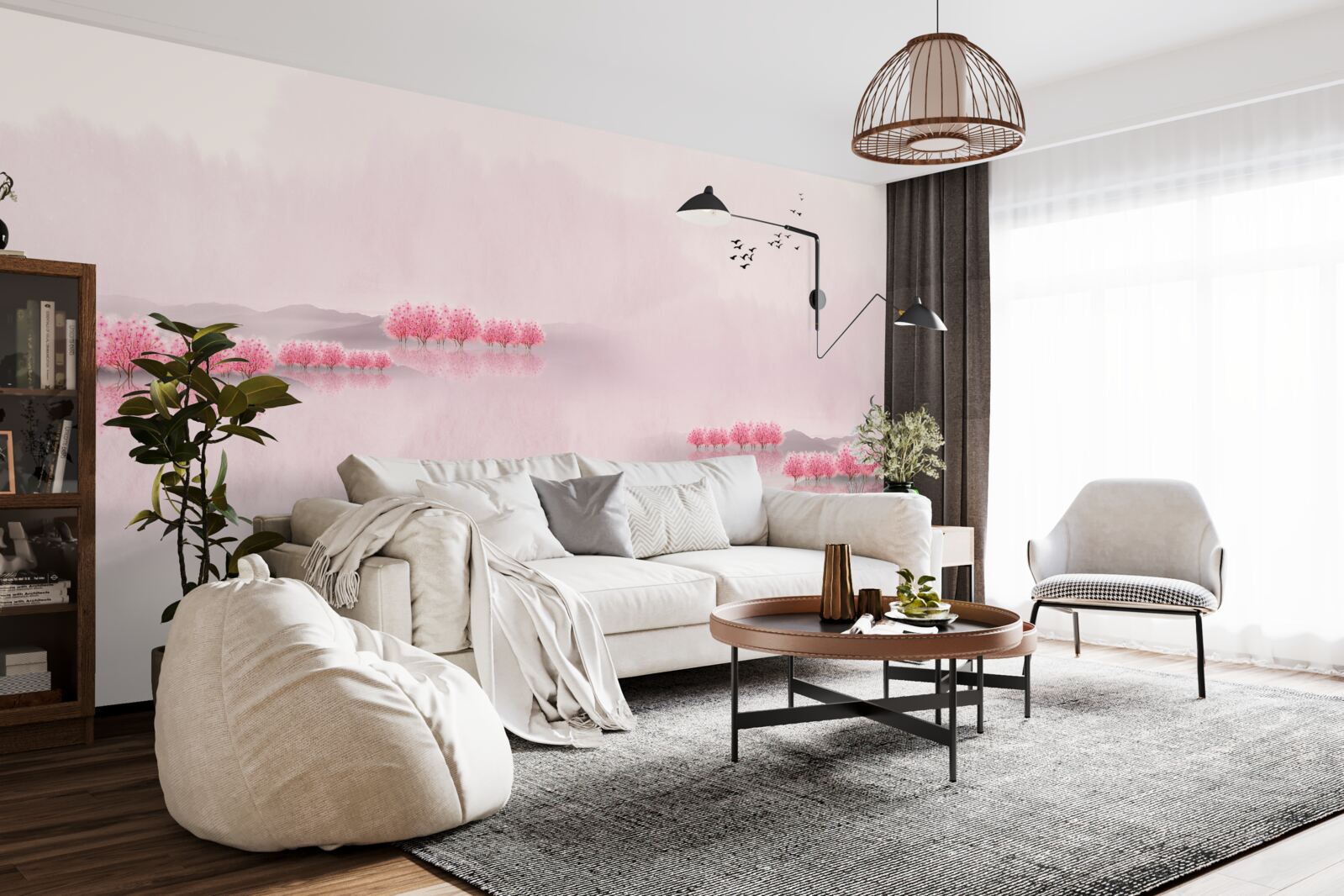 Fotobehang Rustige vijvers en roze bosranden