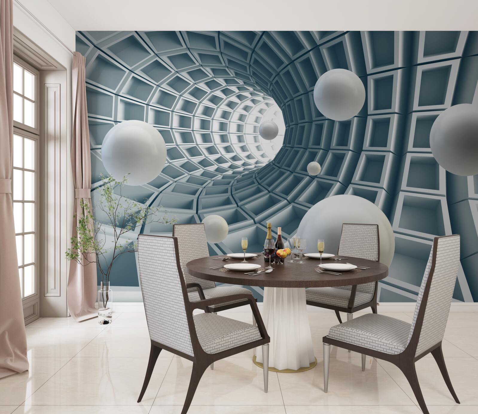 Fotobehang azuurblauwe tunnel met ballonnen die in de lucht zweven