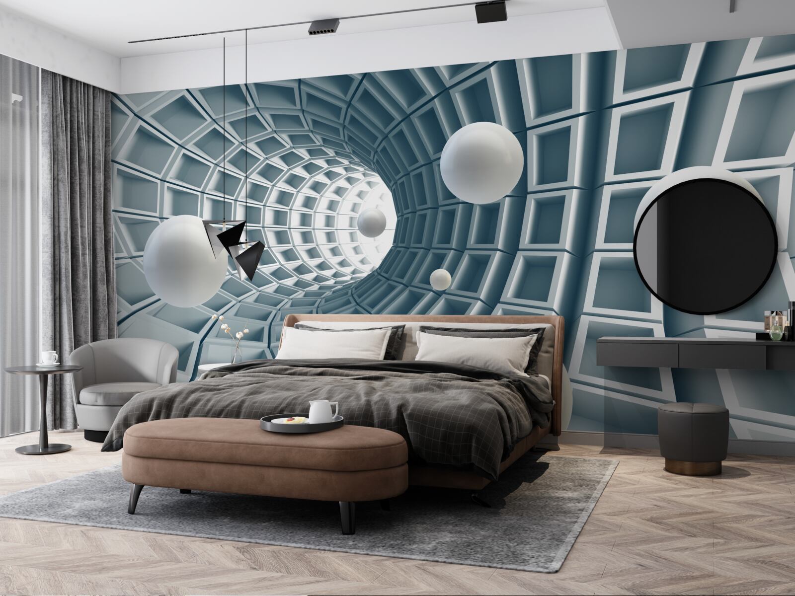 Fotobehang azuurblauwe tunnel met ballonnen die in de lucht zweven