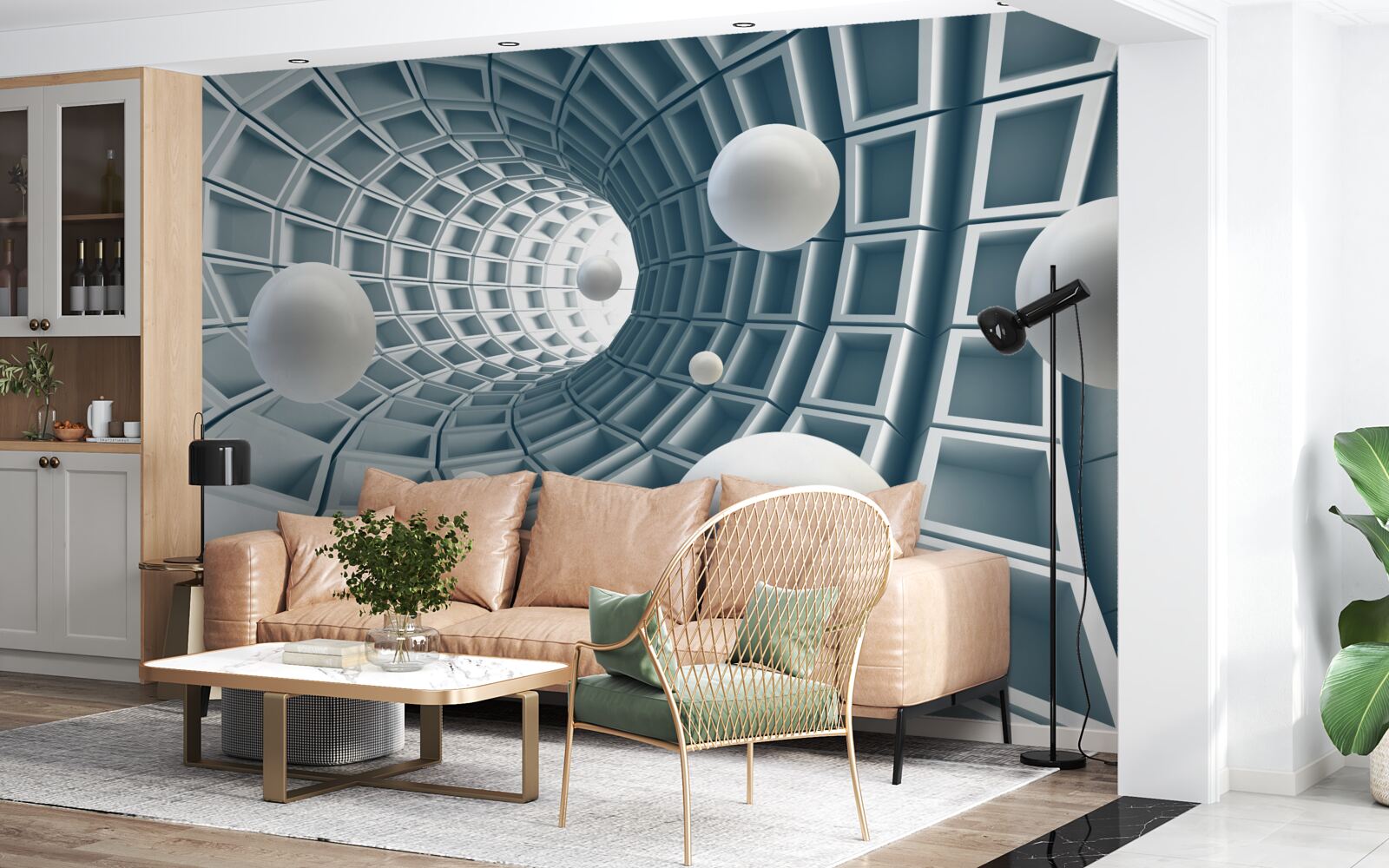 Fotobehang azuurblauwe tunnel met ballonnen die in de lucht zweven