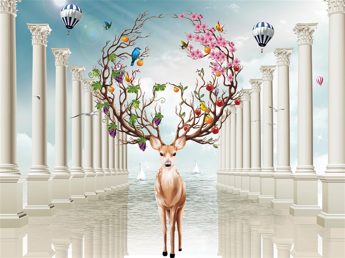 Fotobehang Een sneeuwwitte zuilengalerij en een hert met een ongewone, abstracte hoorn