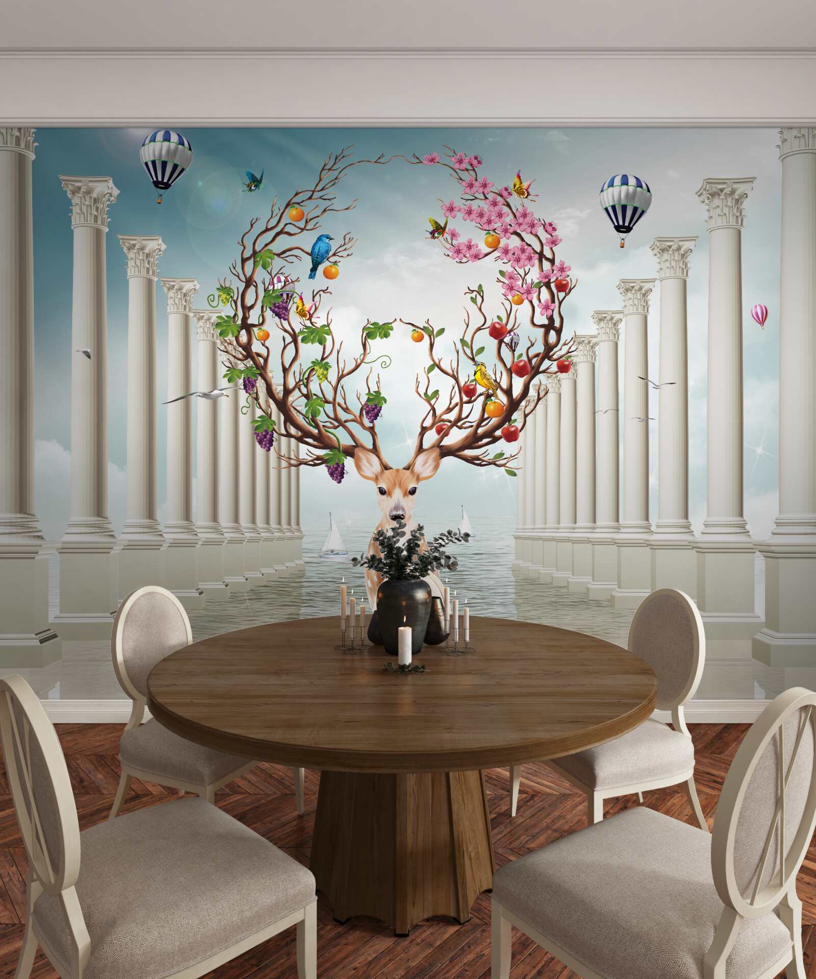 Fotobehang Een sneeuwwitte zuilengalerij en een hert met een ongewone, abstracte hoorn