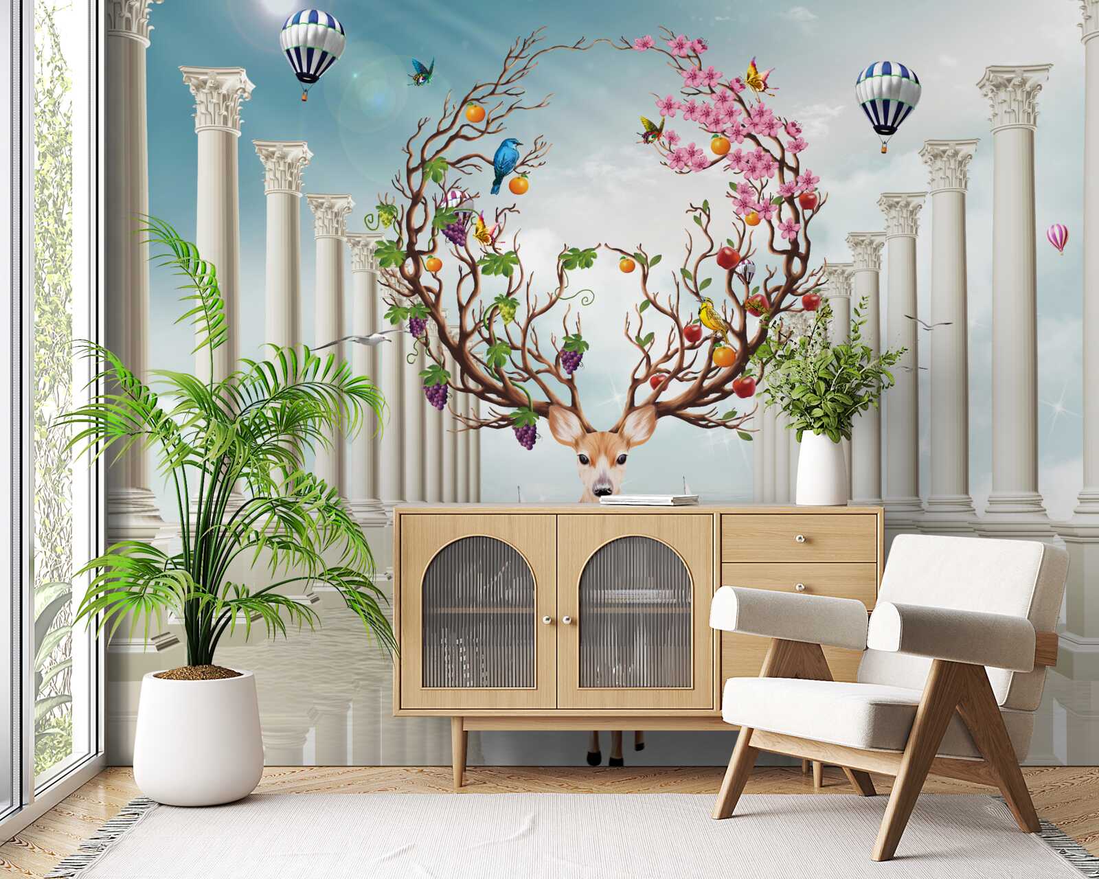 Fotobehang Een sneeuwwitte zuilengalerij en een hert met een ongewone, abstracte hoorn