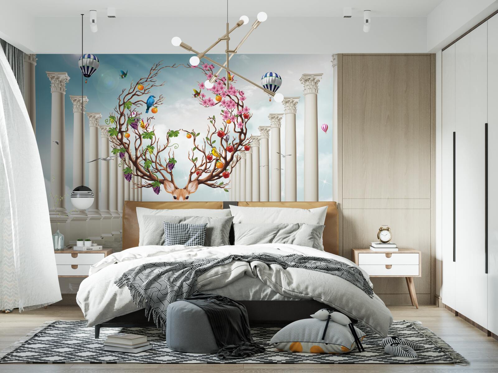 Fotobehang Een sneeuwwitte zuilengalerij en een hert met een ongewone, abstracte hoorn