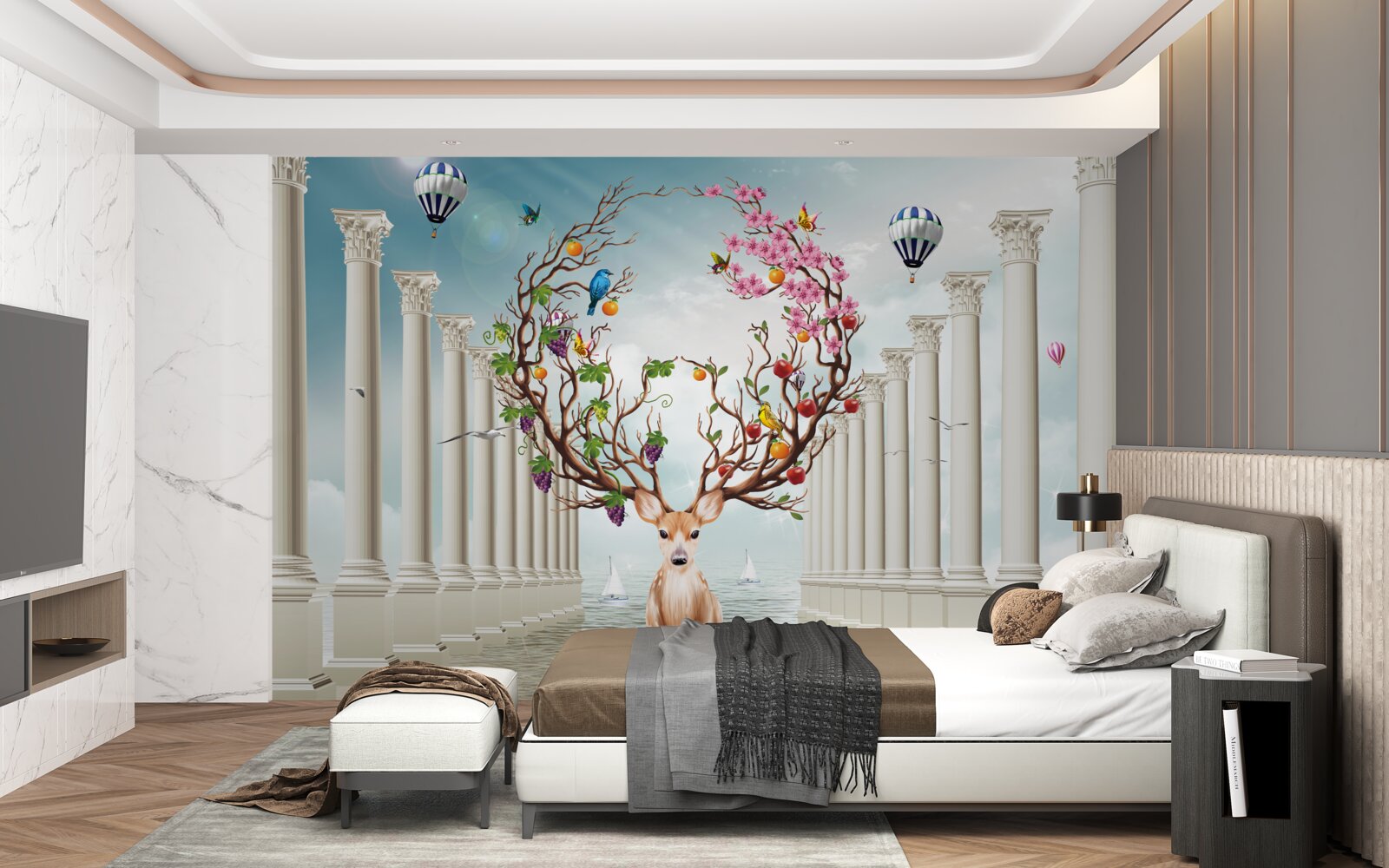 Fotobehang Een sneeuwwitte zuilengalerij en een hert met een ongewone, abstracte hoorn