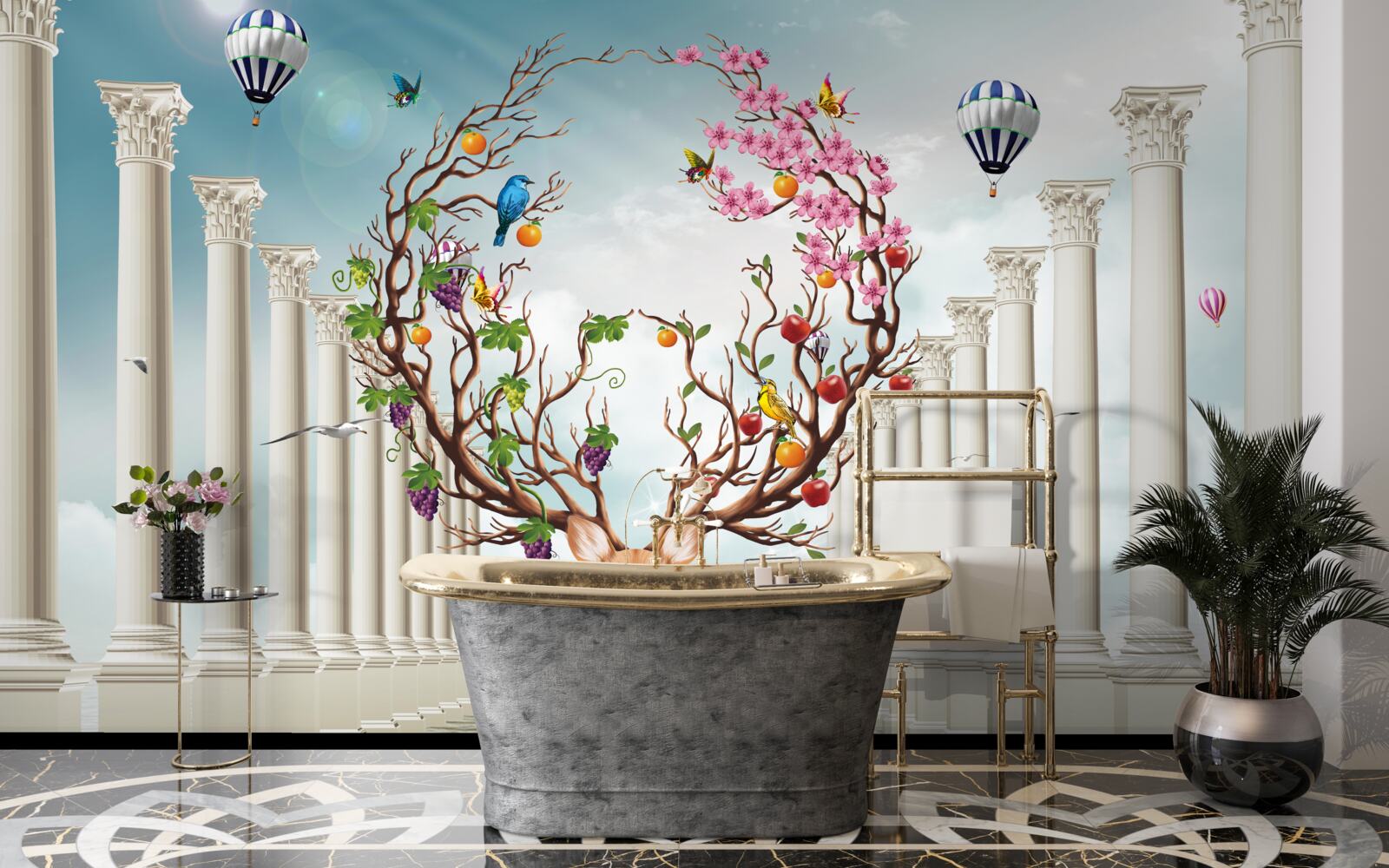 Fotobehang Een sneeuwwitte zuilengalerij en een hert met een ongewone, abstracte hoorn