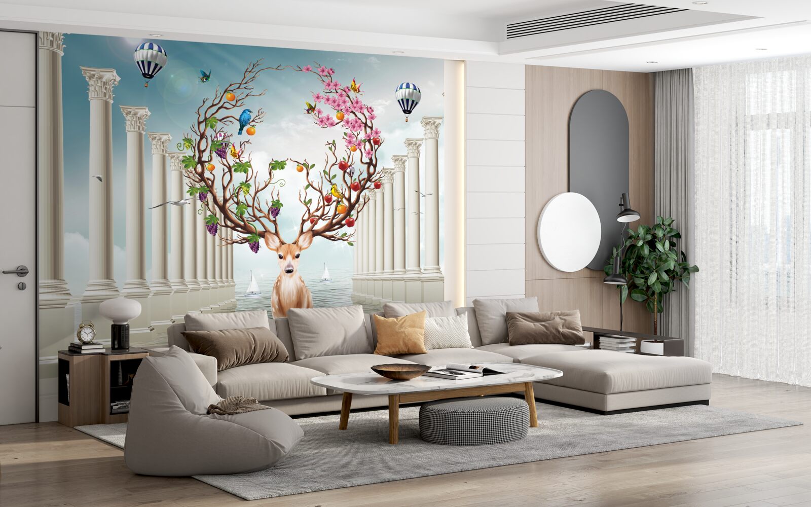 Fotobehang Een sneeuwwitte zuilengalerij en een hert met een ongewone, abstracte hoorn