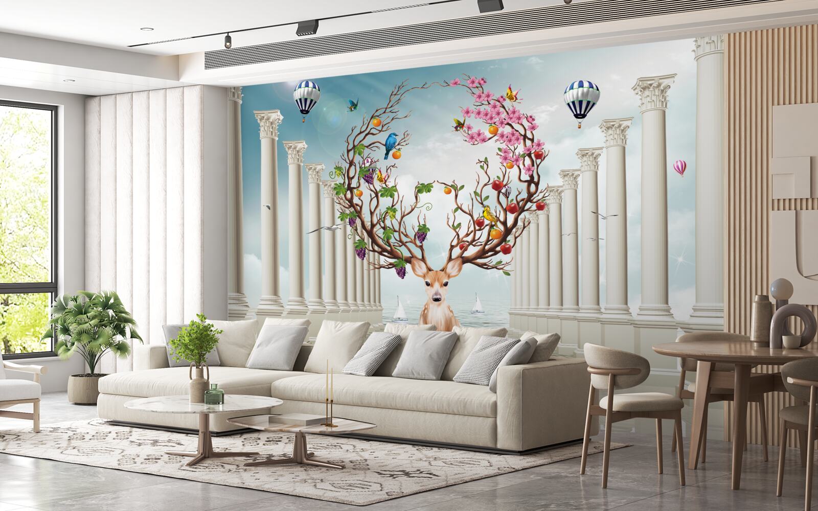 Fotobehang Een sneeuwwitte zuilengalerij en een hert met een ongewone, abstracte hoorn