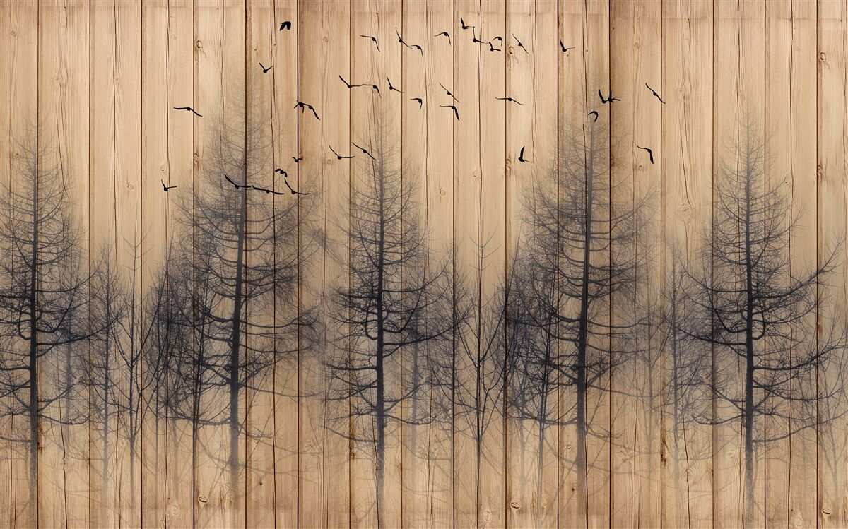 Fotobehang de illustratie op de dansvloer toont vliegende vogels in de lucht