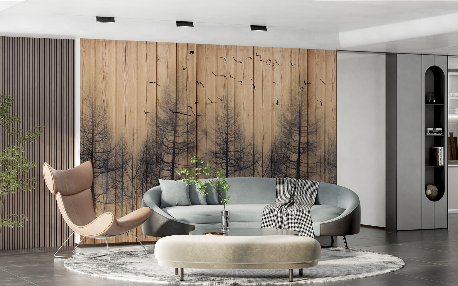 Fotobehang de illustratie op de dansvloer toont vliegende vogels in de lucht