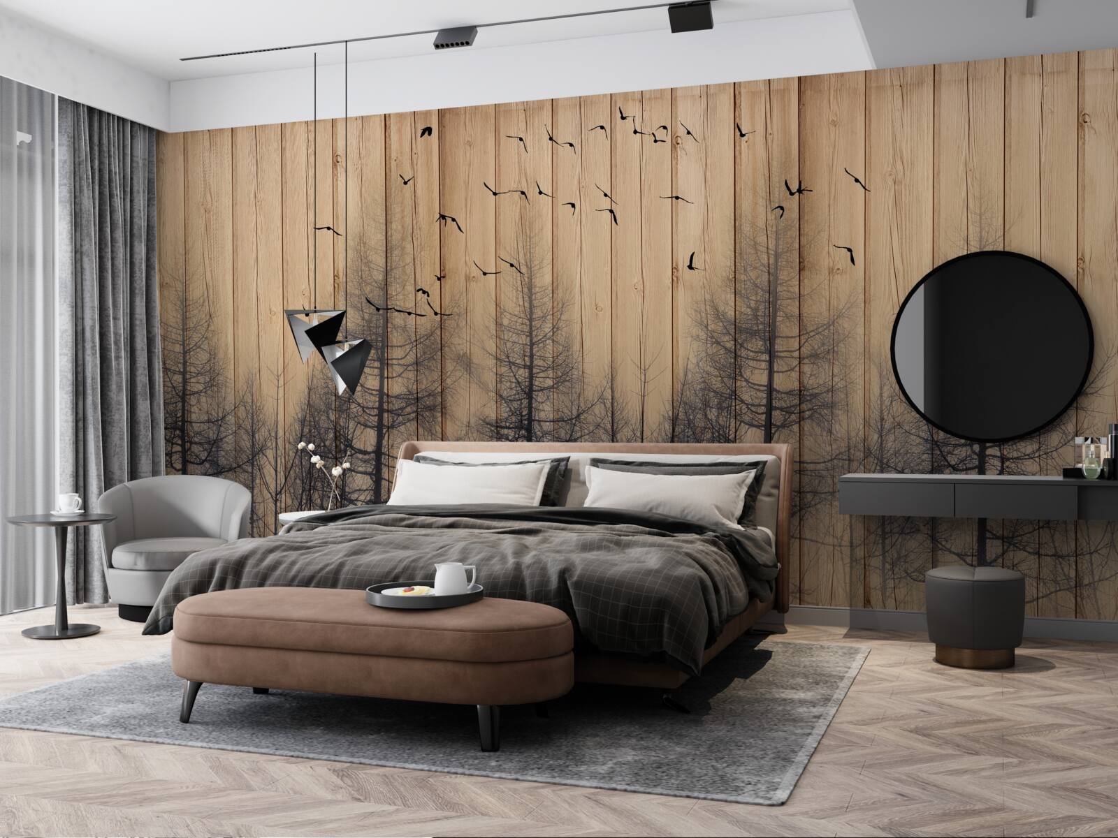 Fotobehang de illustratie op de dansvloer toont vliegende vogels in de lucht