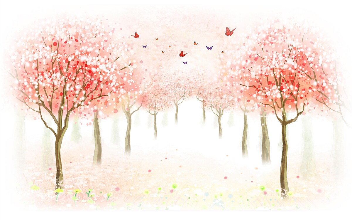 Fotobehang bloeiende bomen bezaaid met vlinders