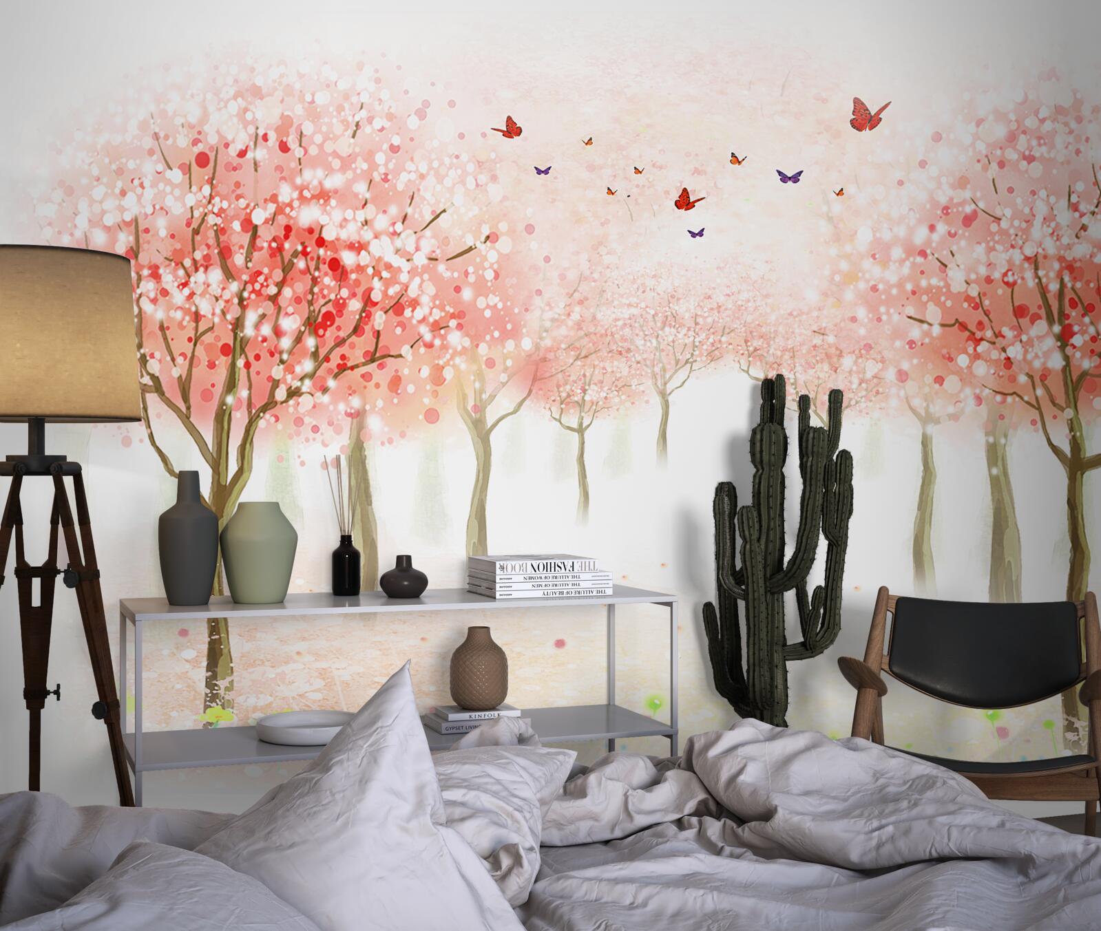 Fotobehang bloeiende bomen bezaaid met vlinders