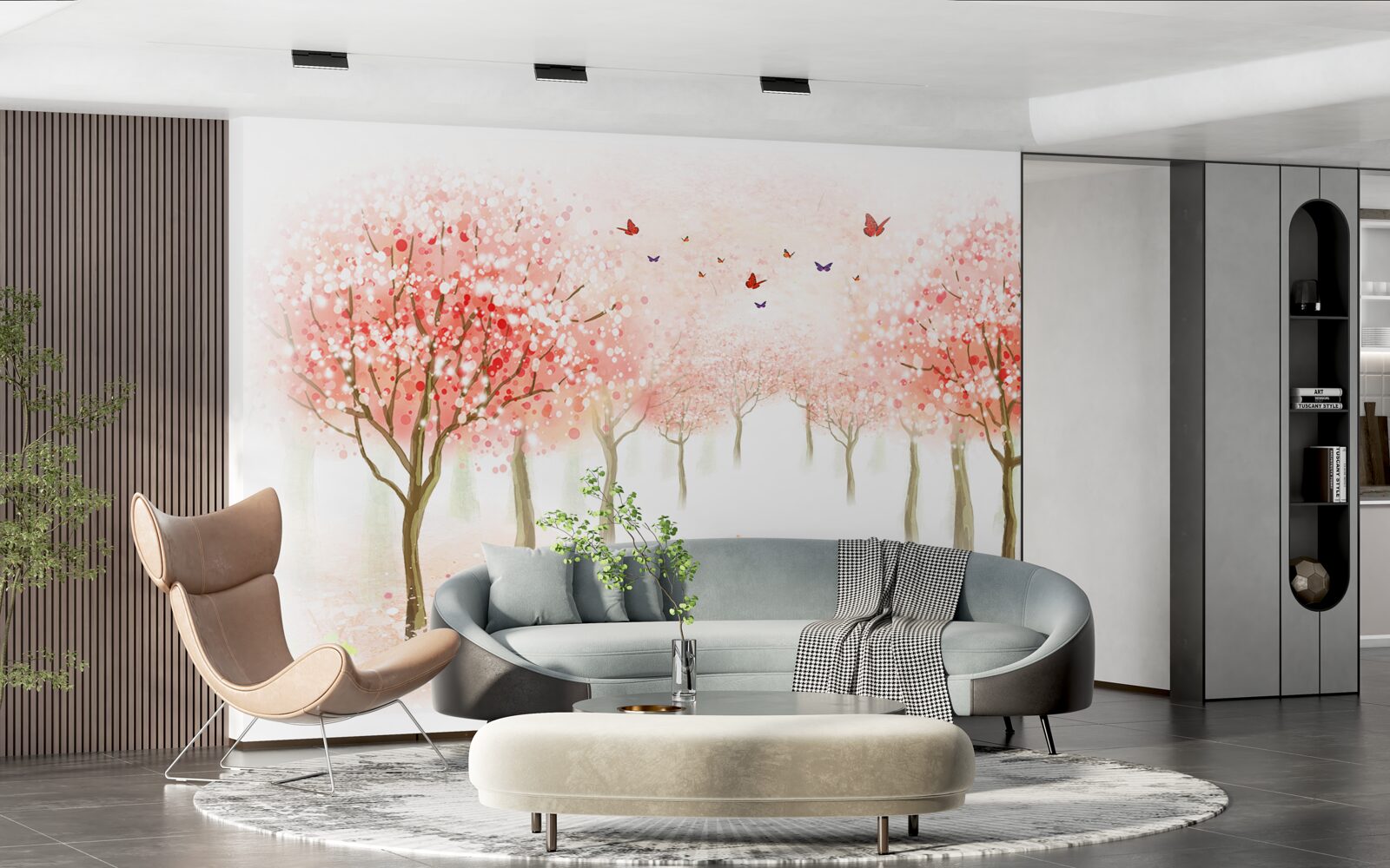 Fotobehang bloeiende bomen bezaaid met vlinders