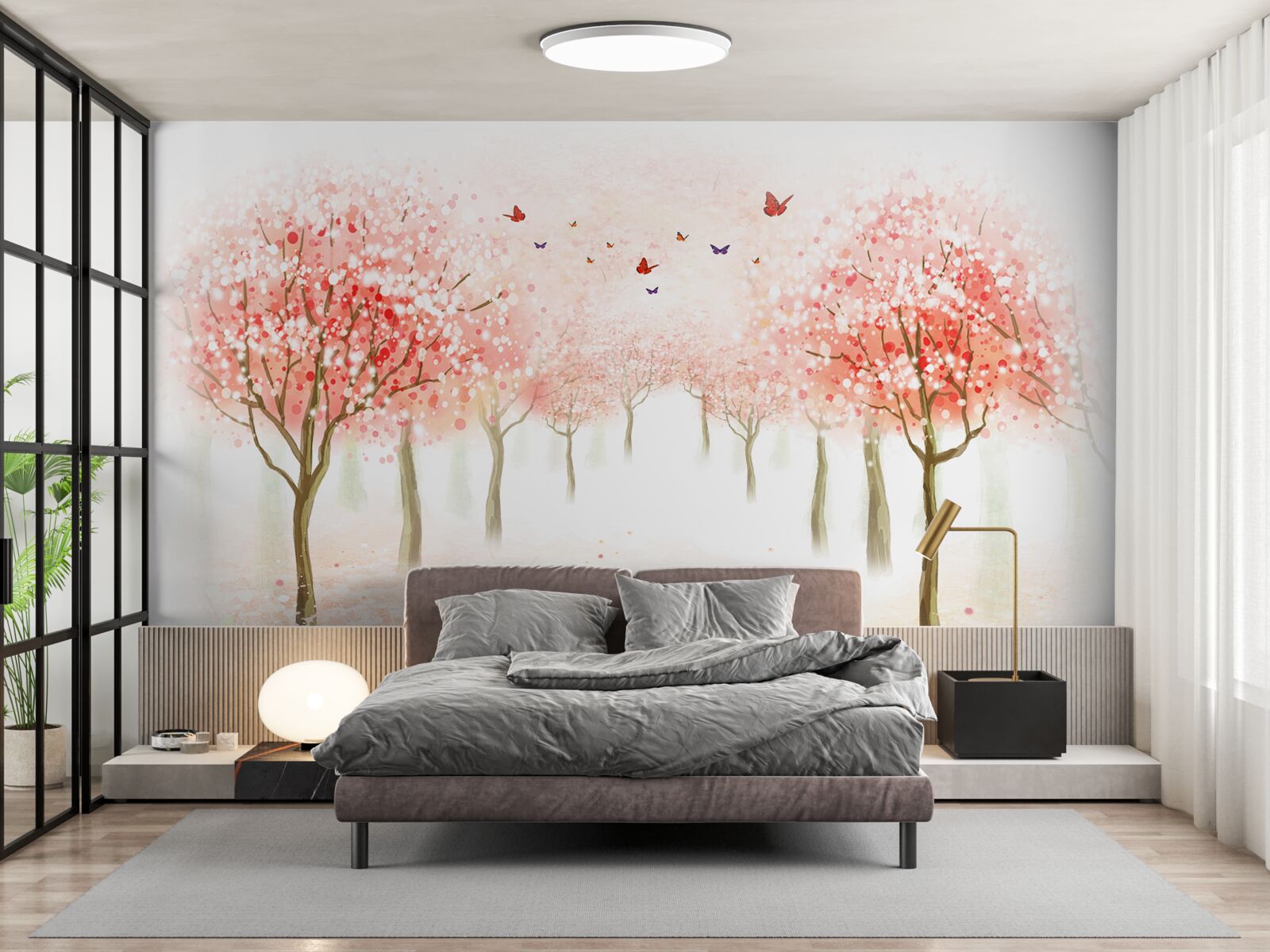 Fotobehang bloeiende bomen bezaaid met vlinders