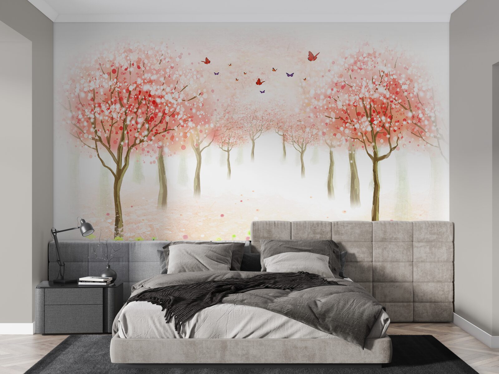 Fotobehang bloeiende bomen bezaaid met vlinders