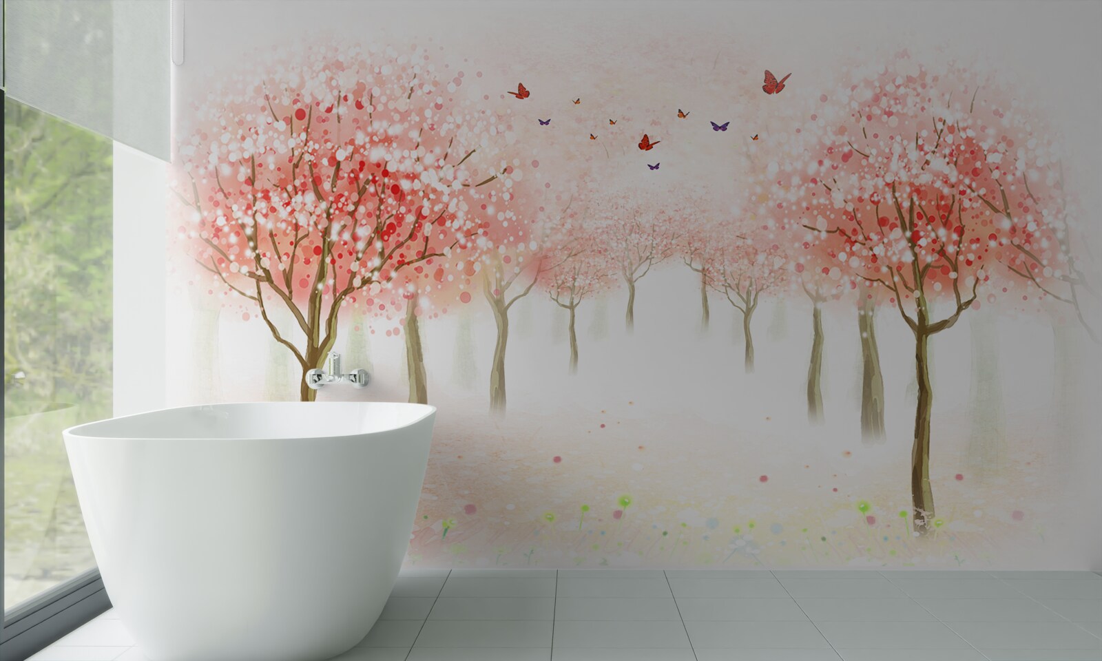 Fotobehang bloeiende bomen bezaaid met vlinders