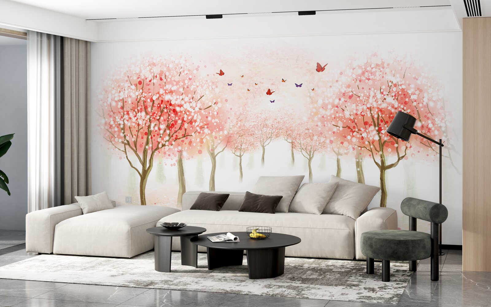 Fotobehang bloeiende bomen bezaaid met vlinders