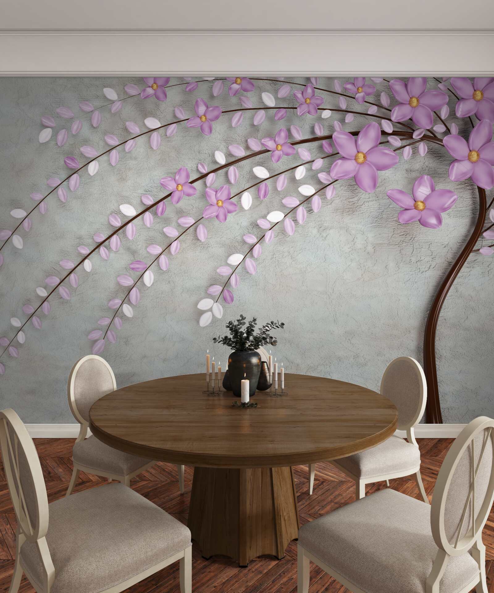 Fotobehang boom versierd met delicate lila bloesems