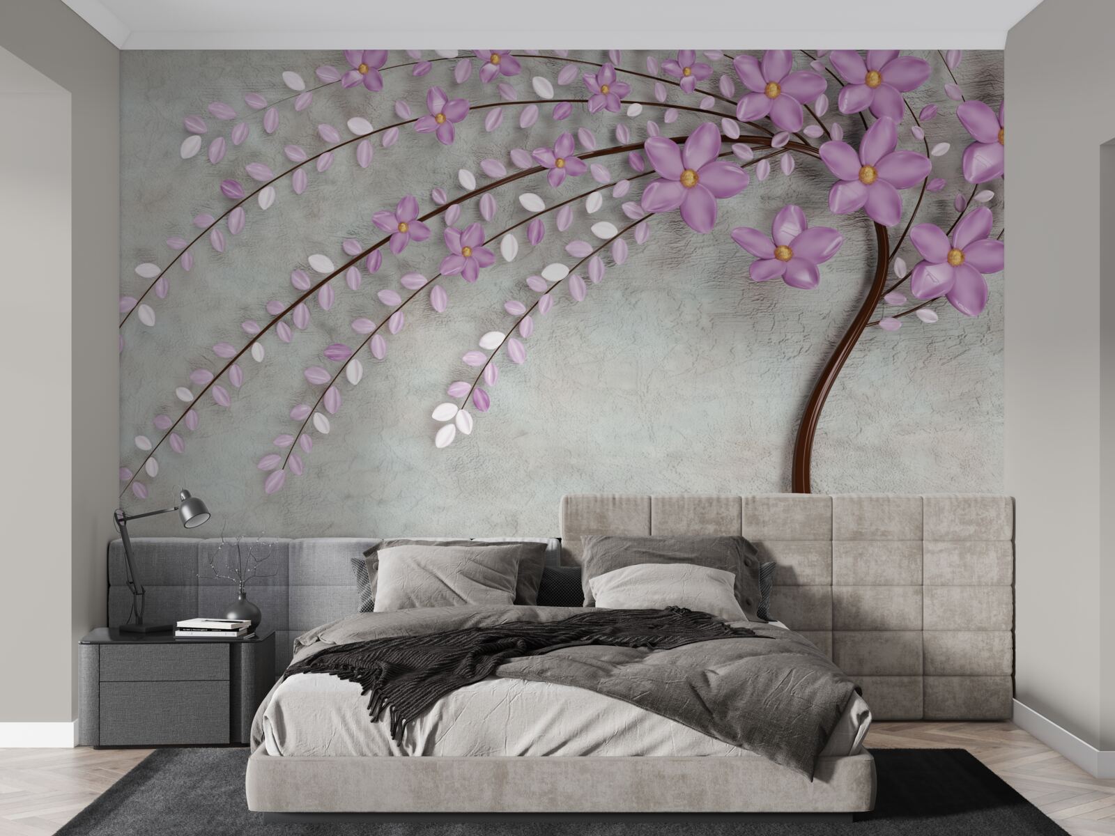 Fotobehang boom versierd met delicate lila bloesems