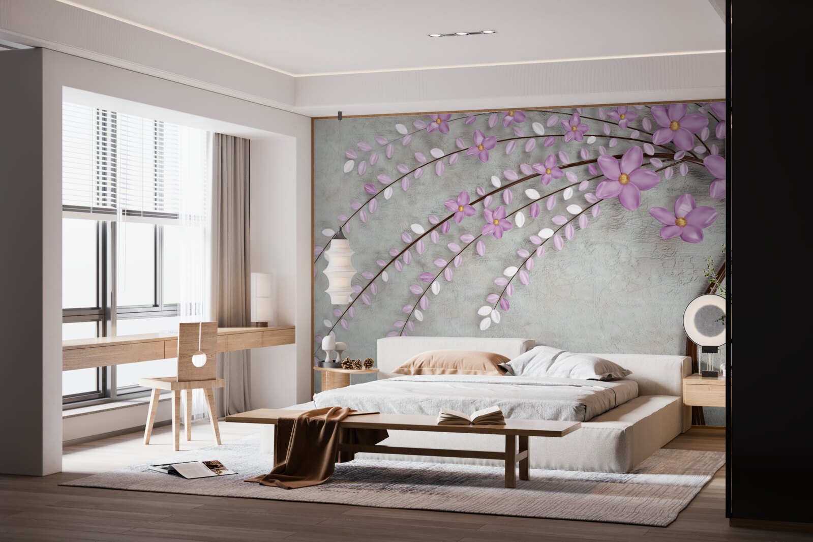 Fotobehang boom versierd met delicate lila bloesems