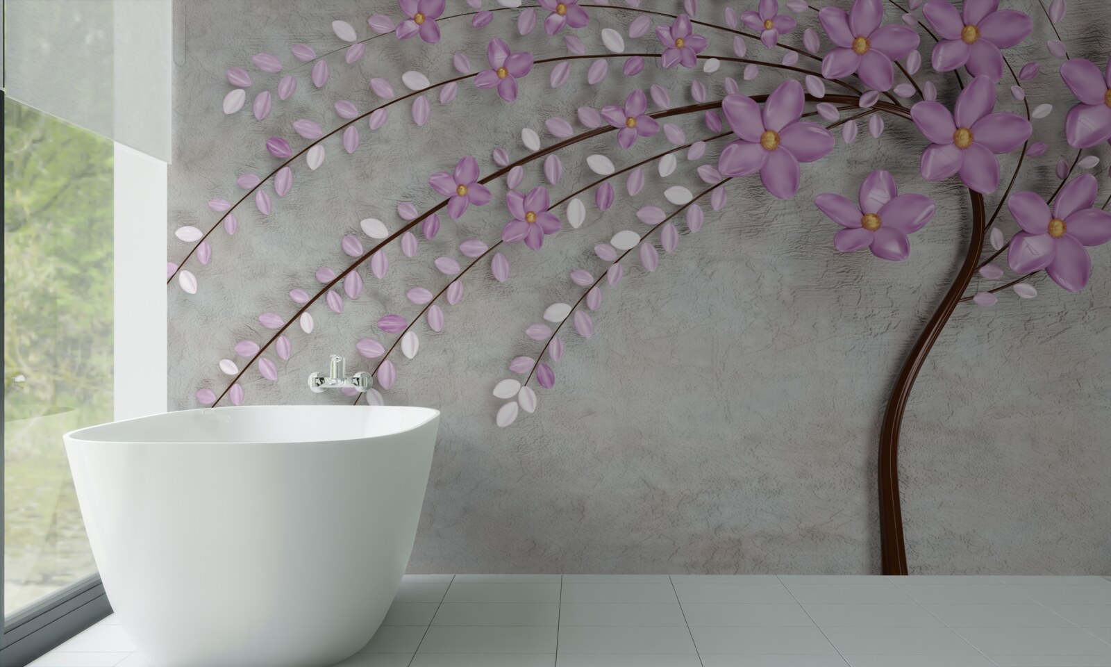 Fotobehang boom versierd met delicate lila bloesems