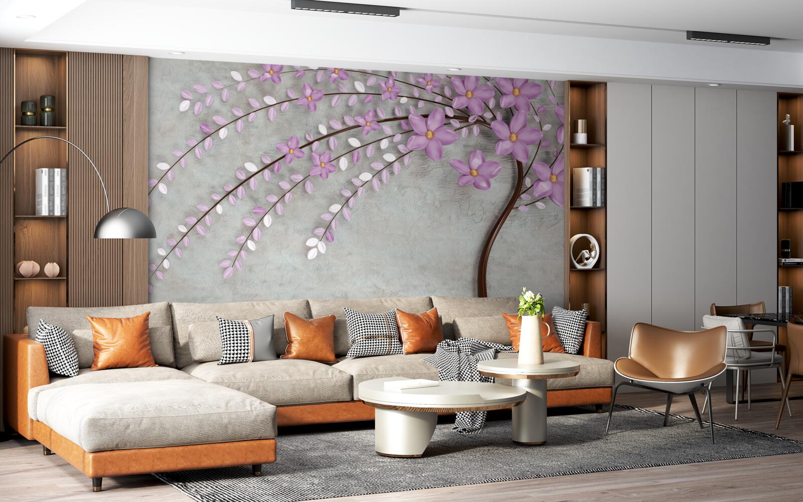 Fotobehang boom versierd met delicate lila bloesems