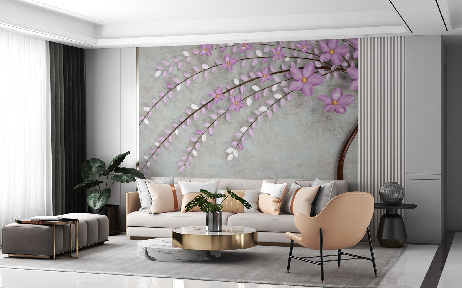 Fotobehang boom versierd met delicate lila bloesems