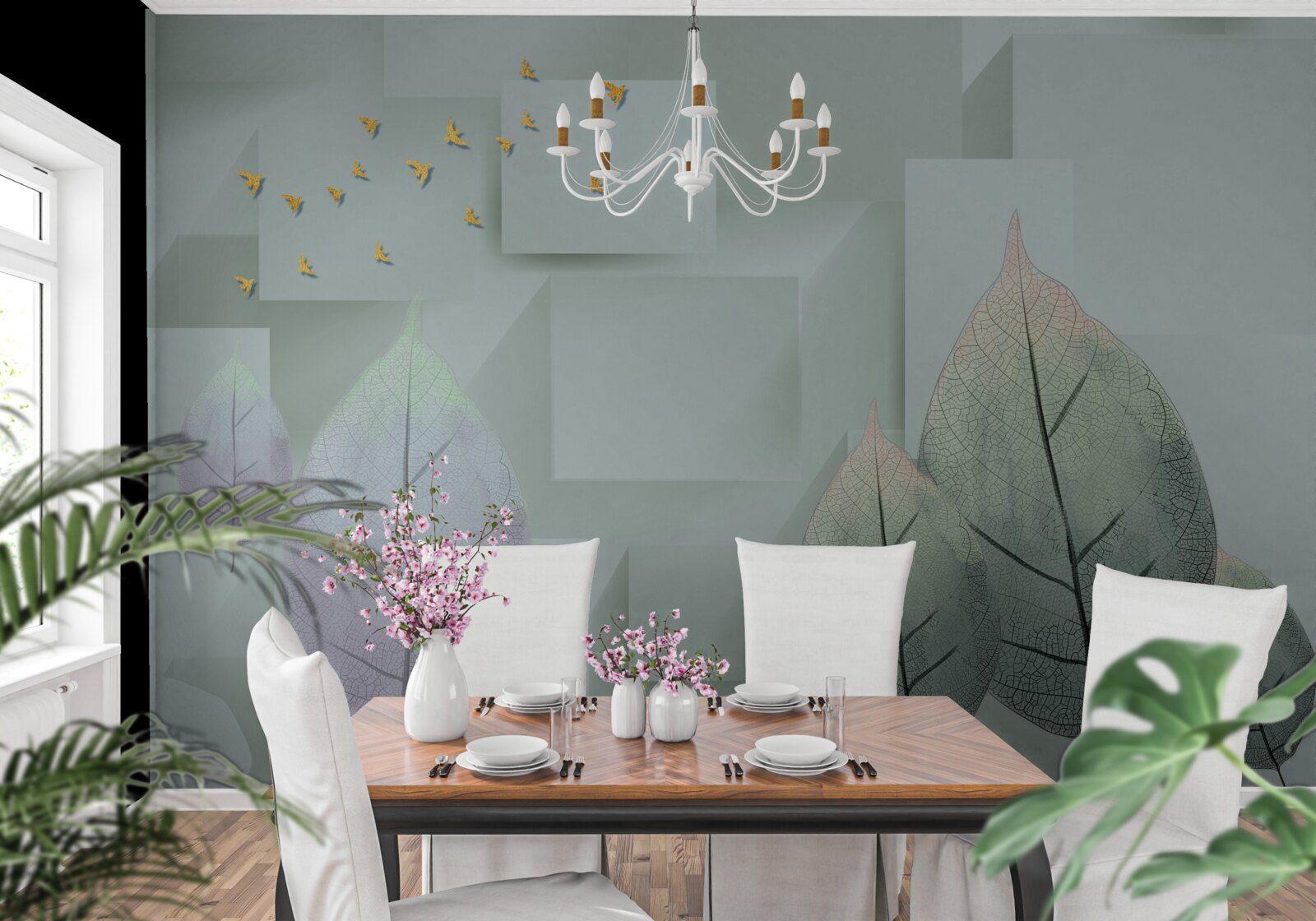 Fotobehang Gele vogels en bladeren