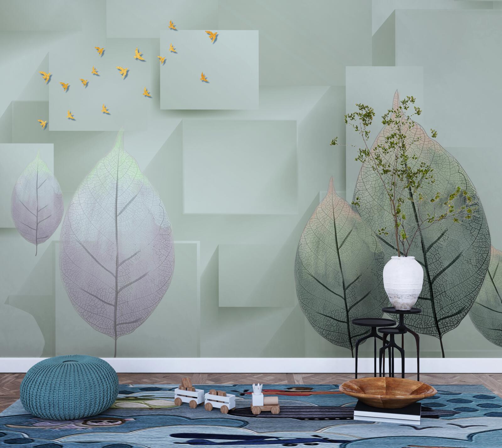 Fotobehang Gele vogels en bladeren