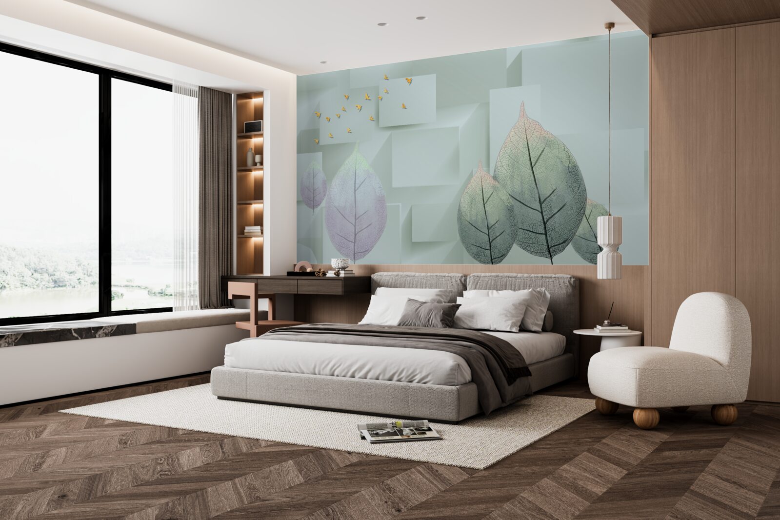 Fotobehang Gele vogels en bladeren