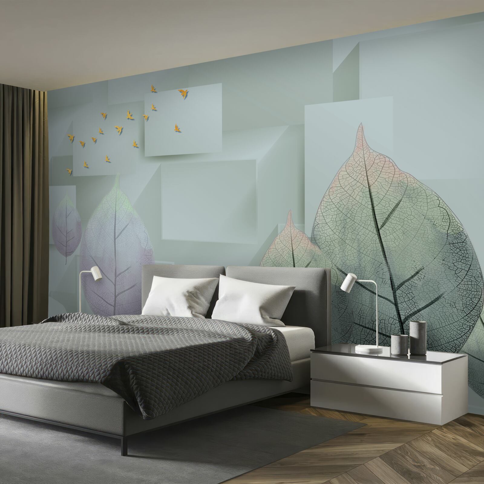 Fotobehang Gele vogels en bladeren