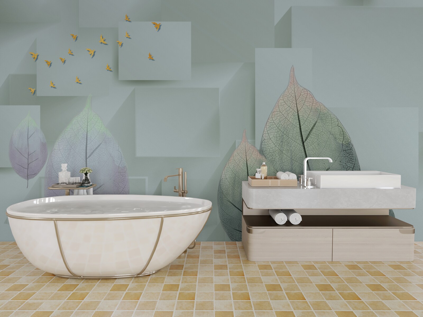 Fotobehang Gele vogels en bladeren