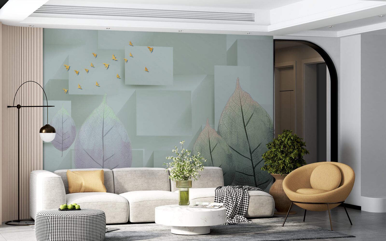 Fotobehang Gele vogels en bladeren