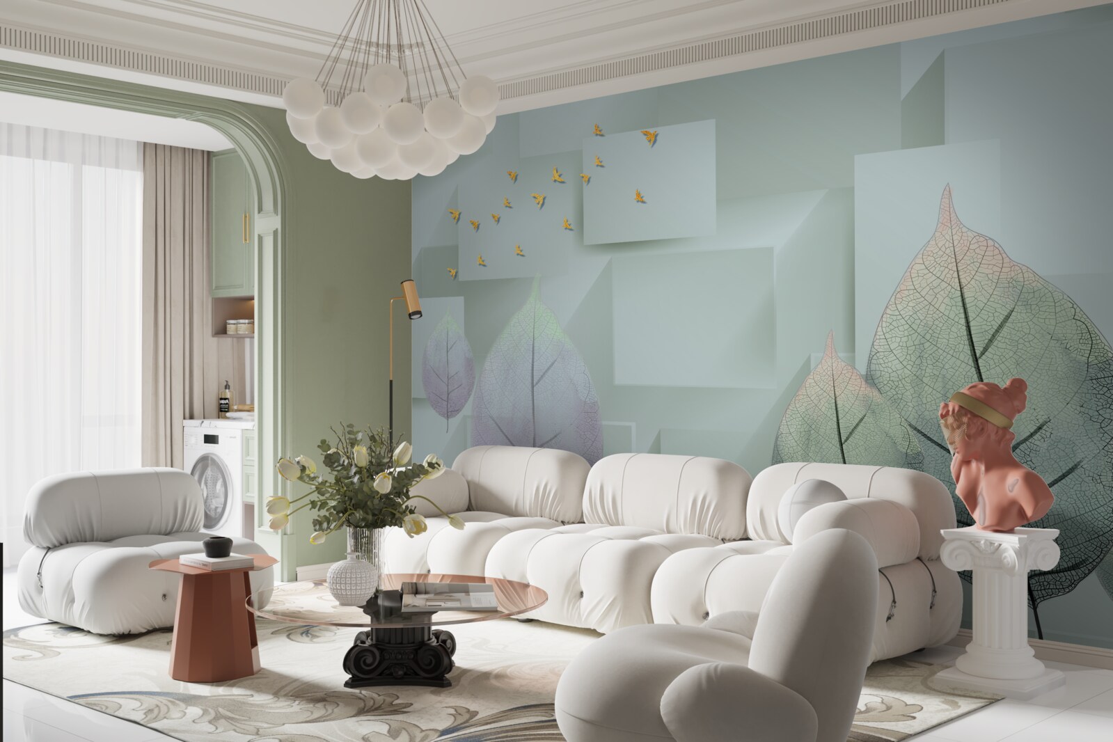 Fotobehang Gele vogels en bladeren