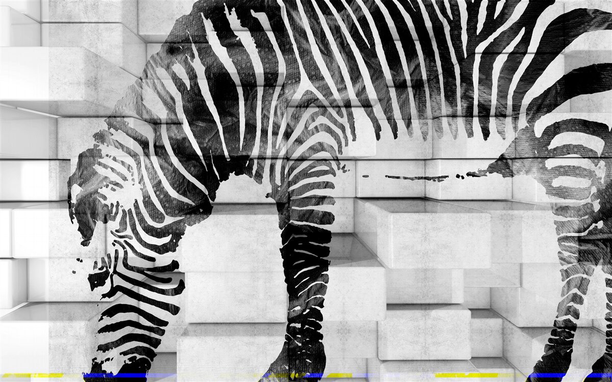 Fotobehang bakstenen muur bij een drinkplaats met een afbeelding van een zebra