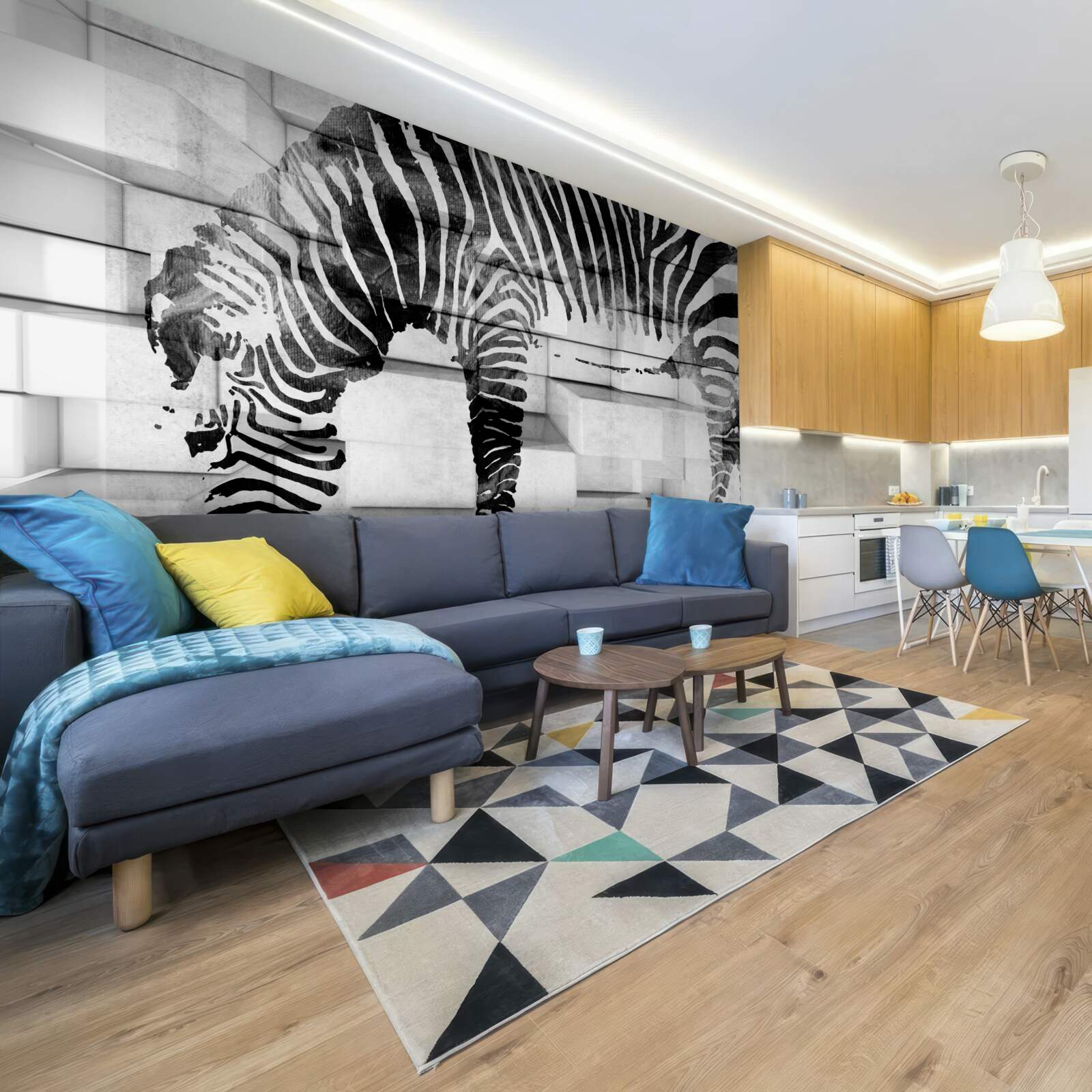 Fotobehang bakstenen muur bij een drinkplaats met een afbeelding van een zebra