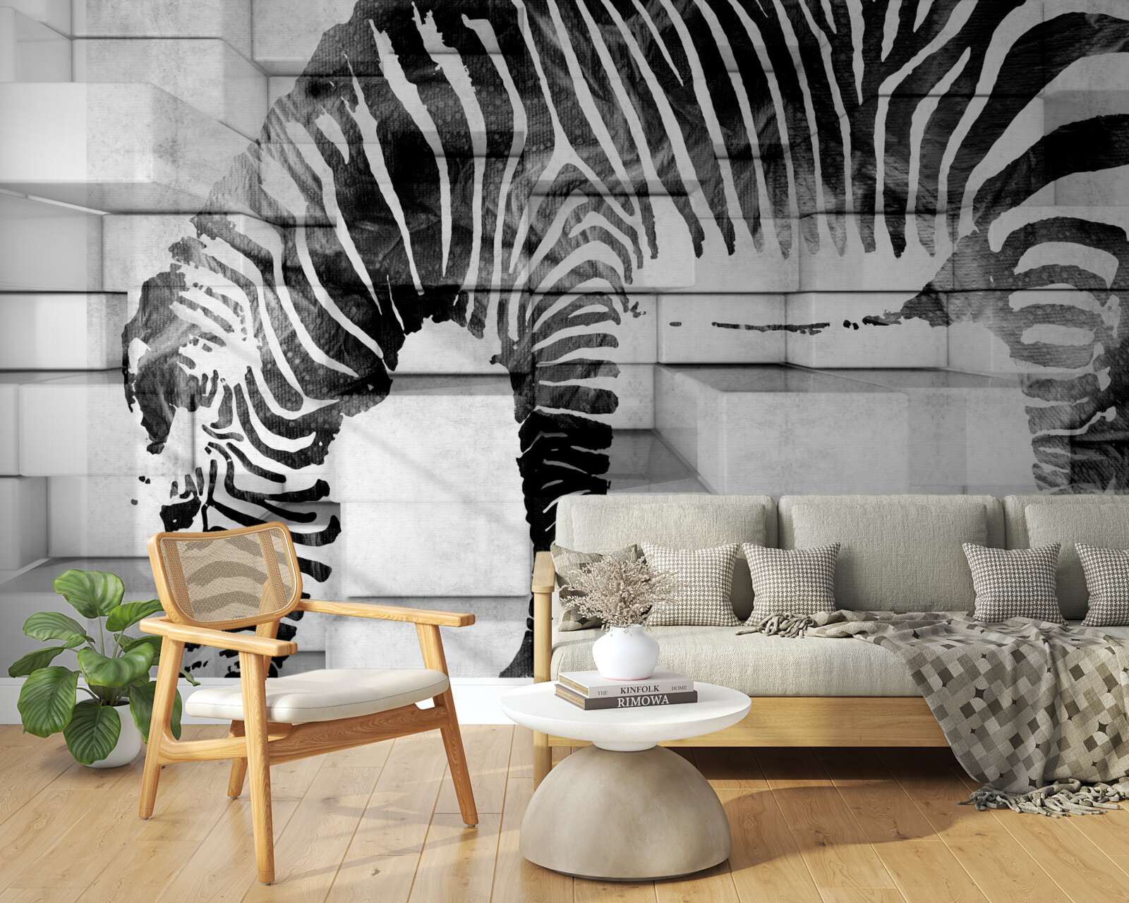 Fotobehang bakstenen muur bij een drinkplaats met een afbeelding van een zebra