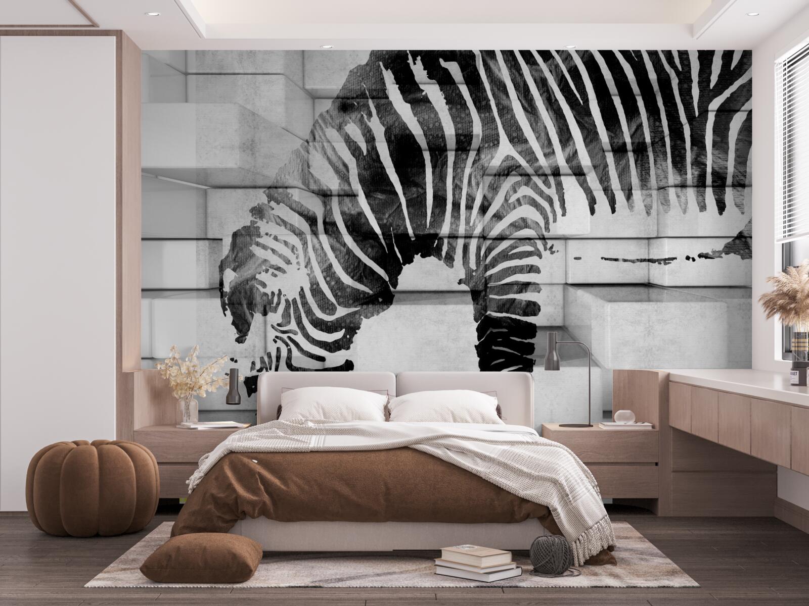 Fotobehang bakstenen muur bij een drinkplaats met een afbeelding van een zebra