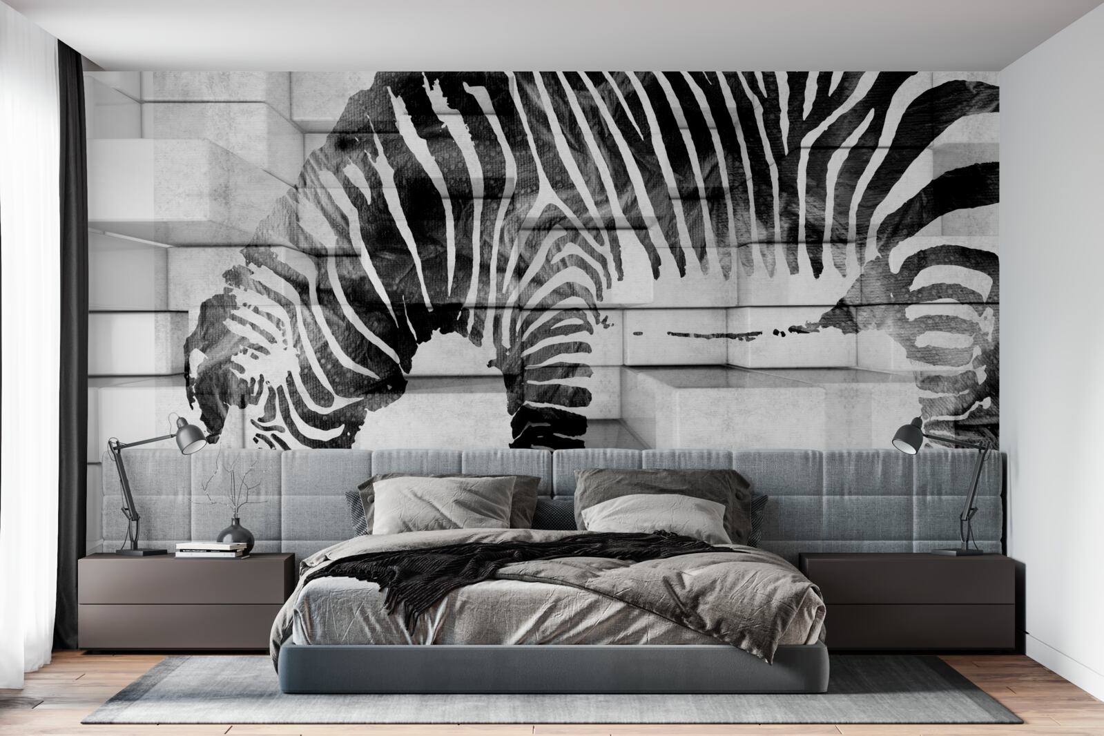 Fotobehang bakstenen muur bij een drinkplaats met een afbeelding van een zebra