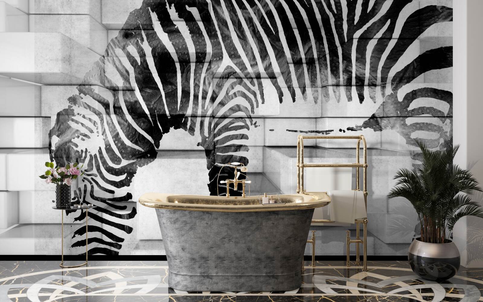 Fotobehang bakstenen muur bij een drinkplaats met een afbeelding van een zebra