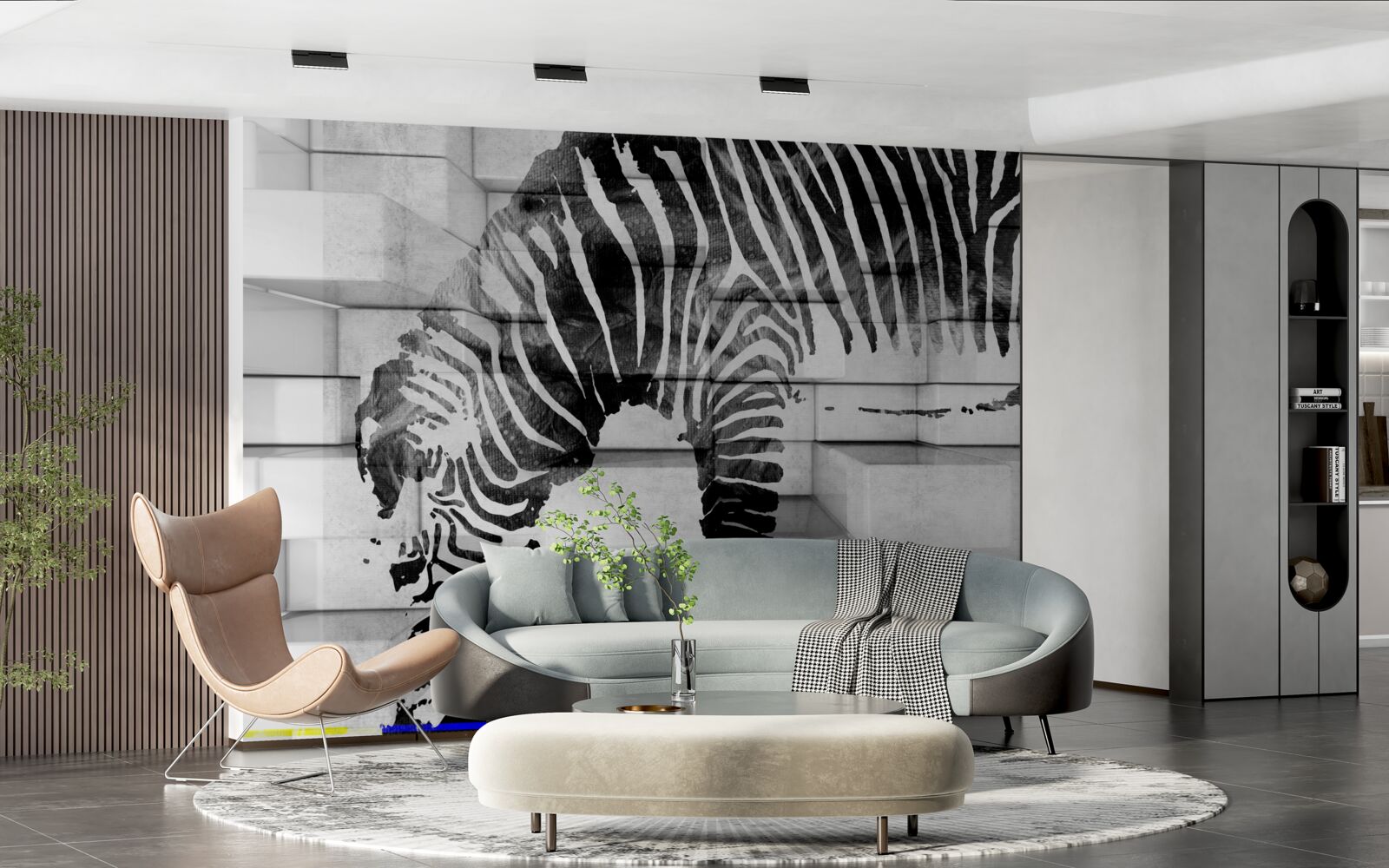 Fotobehang bakstenen muur bij een drinkplaats met een afbeelding van een zebra