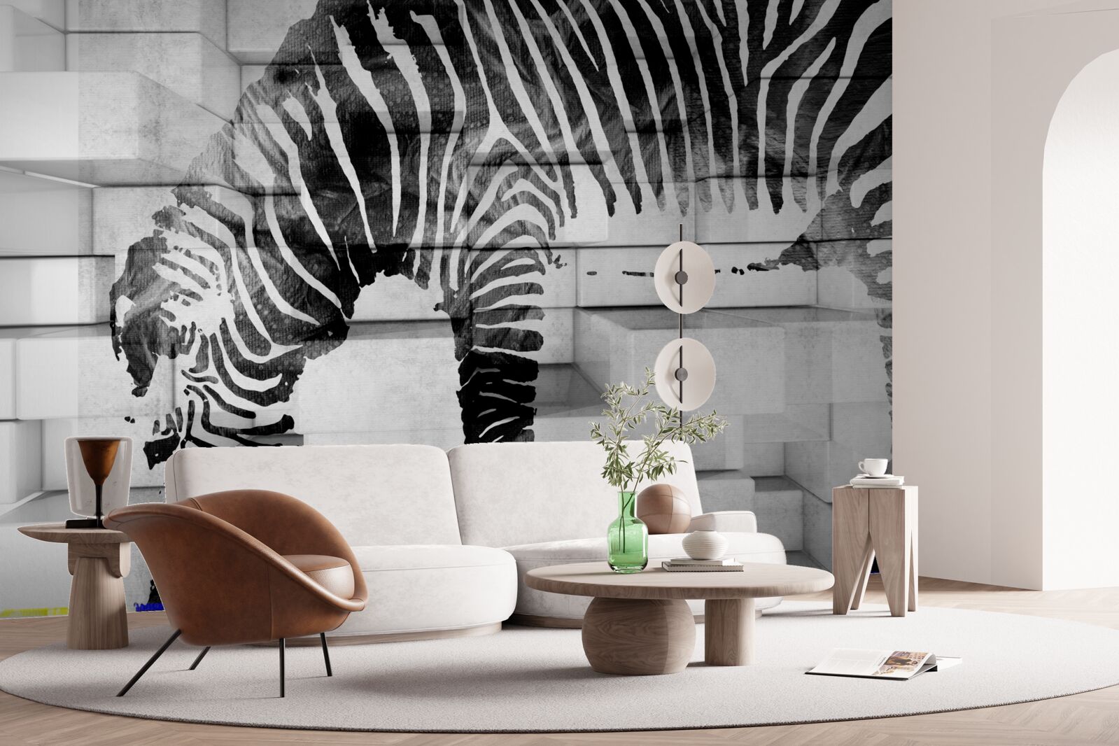 Fotobehang bakstenen muur bij een drinkplaats met een afbeelding van een zebra