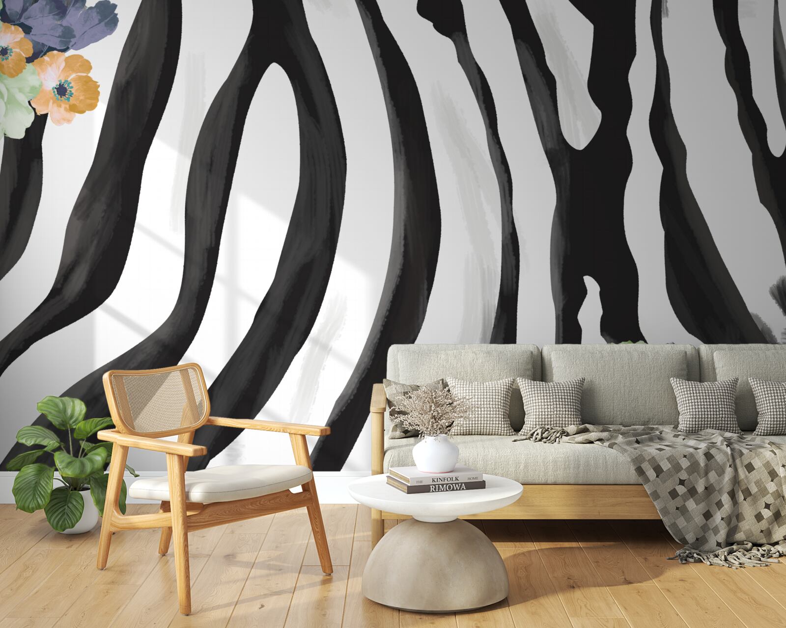 Fotobehang achtergrond met bloemen op een achtergrond van zwarte en witte strepen