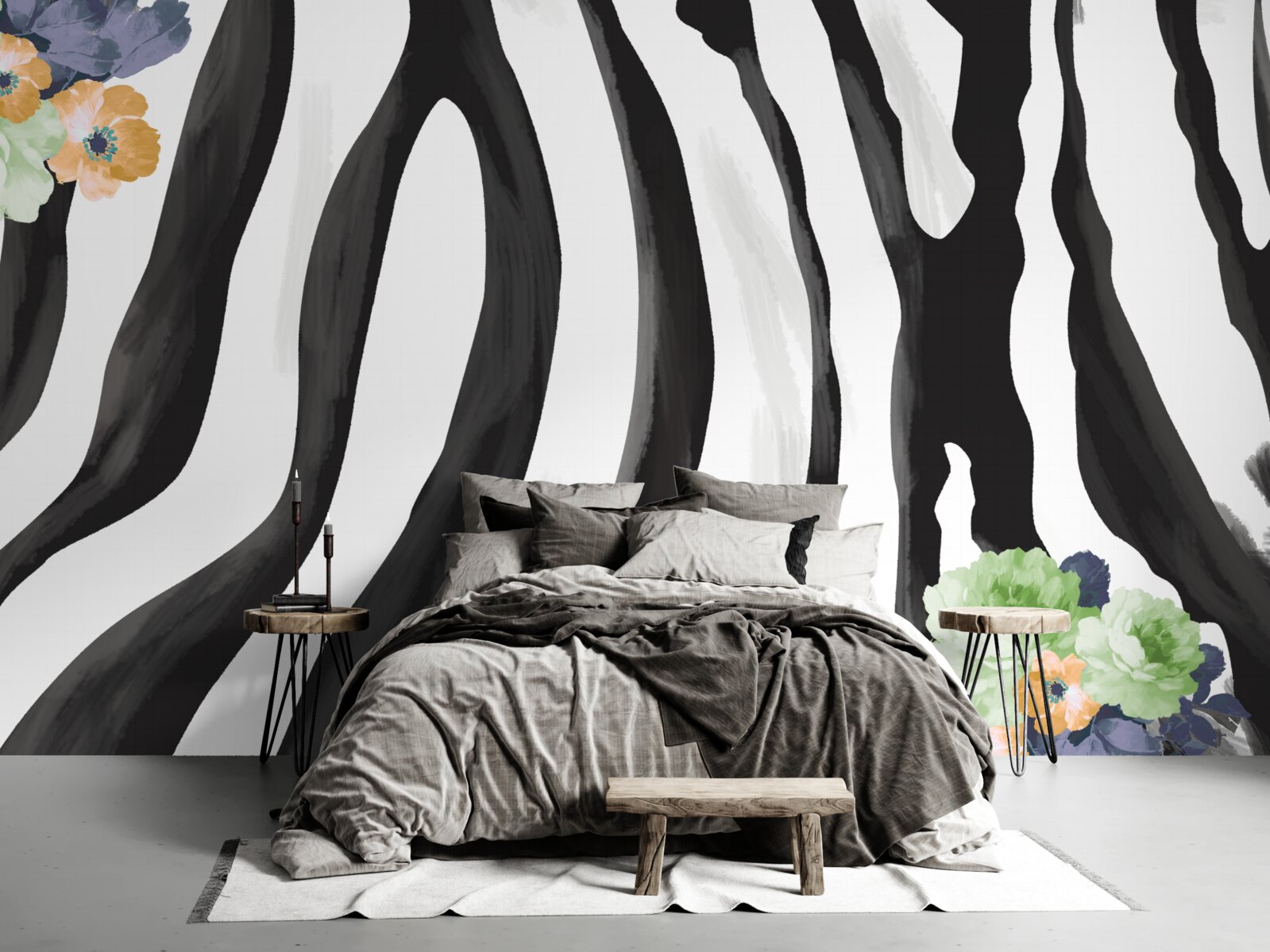 Fotobehang achtergrond met bloemen op een achtergrond van zwarte en witte strepen