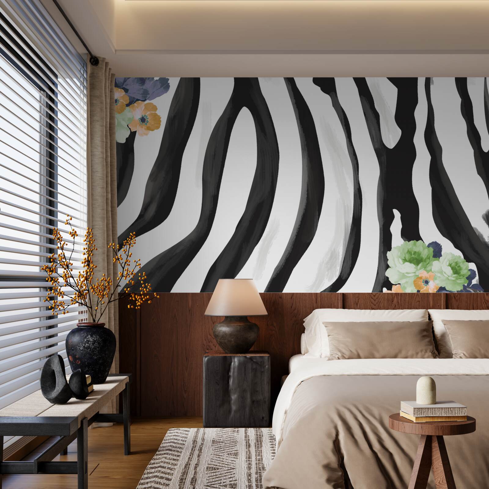 Fotobehang achtergrond met bloemen op een achtergrond van zwarte en witte strepen