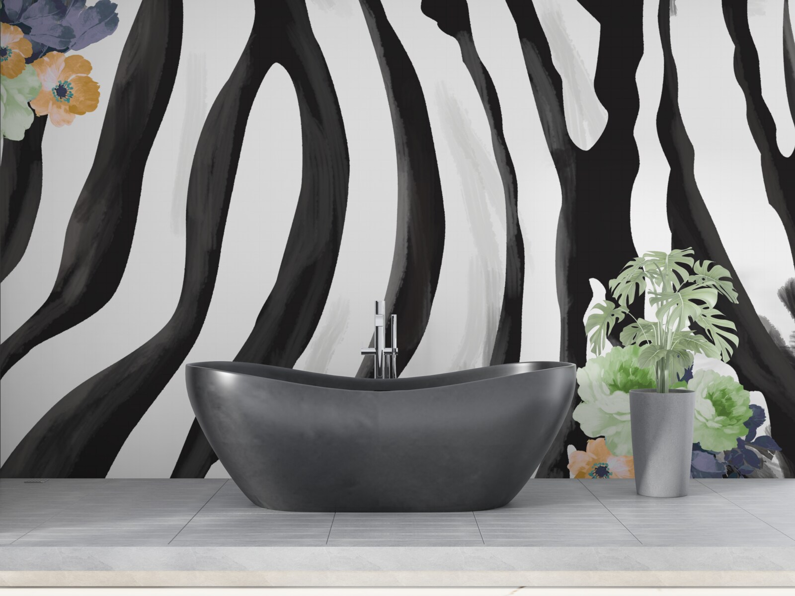 Fotobehang achtergrond met bloemen op een achtergrond van zwarte en witte strepen